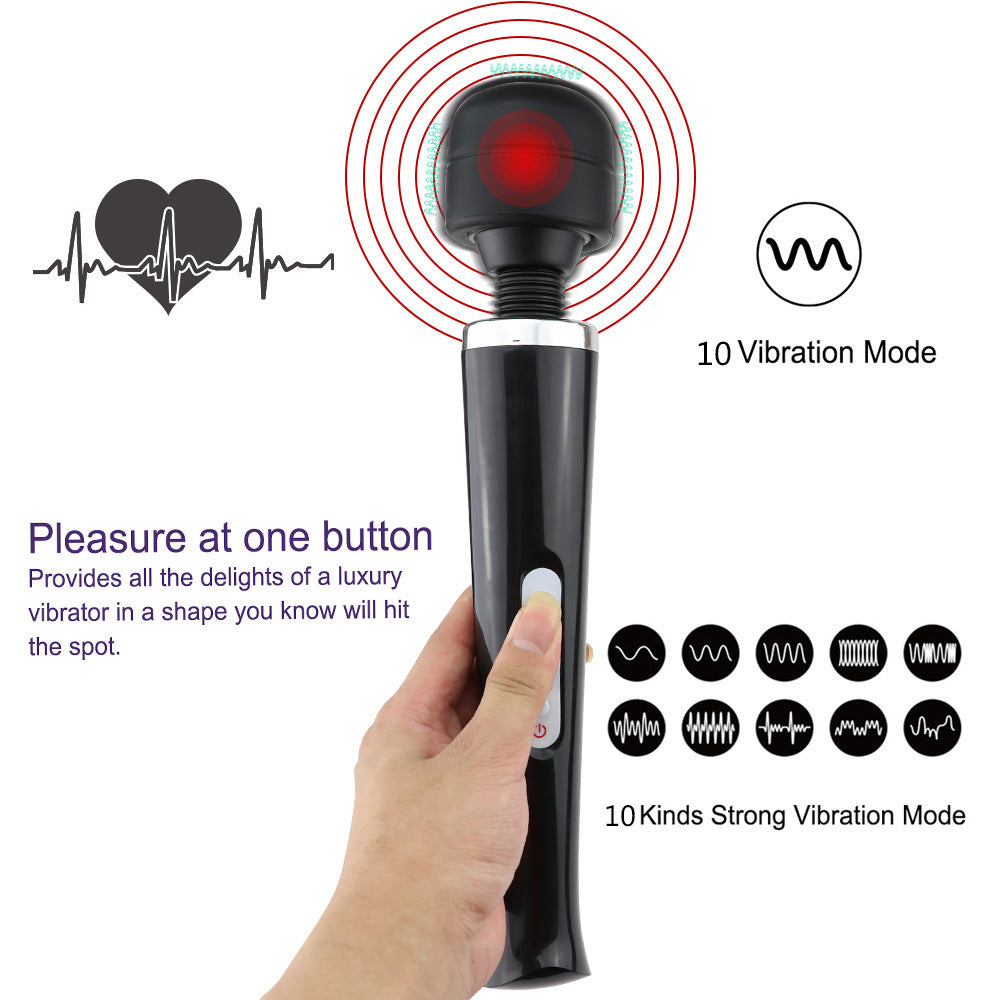 Naisten seksilelu PLEASUREZ WAND X10, musta ja suuri, näyttää kuvassa avattuna ja valmiina käyttöön.