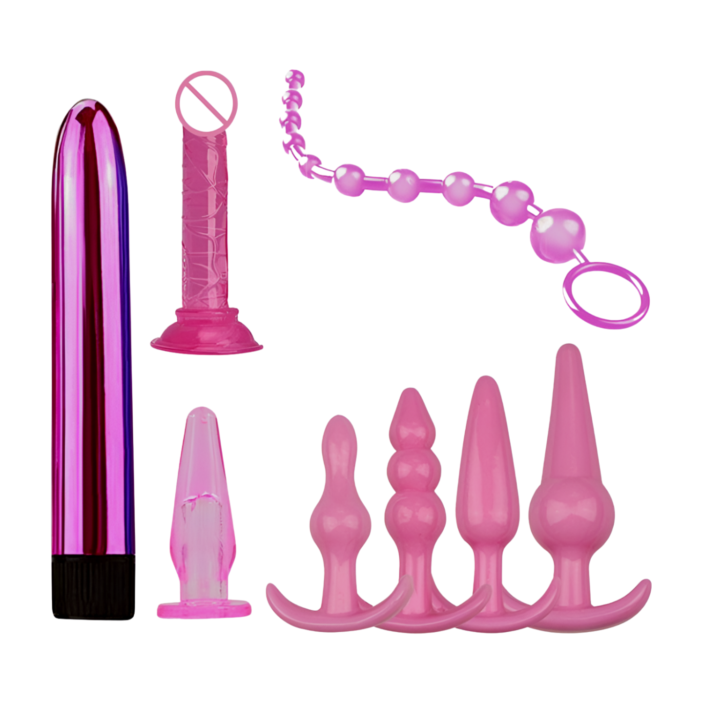 Pleasurez Anaali-anaalilelukokoelma, violetti, eri muotoja ja kokoja, pehmeä ja silkinomainen materiaali.
