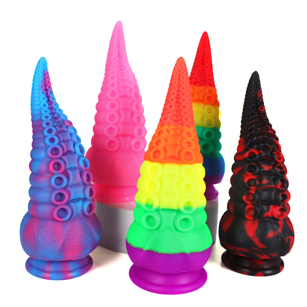 Pleasurez-merkkinen värikäs mustekala-dildo, pehmeä ja realistinen seksilelu, kuvassa.