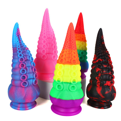 Pleasurez-merkkinen värikäs mustekala-dildo, pehmeä ja realistinen seksilelu, kuvassa.