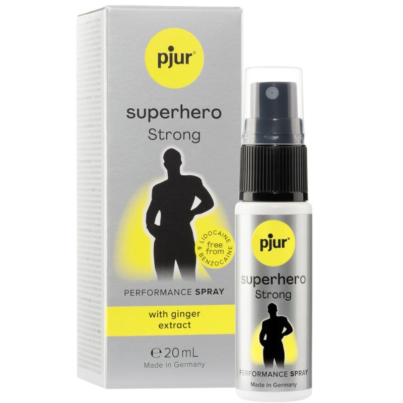 Pjur LIUKUVOIDE SUIHKE Superhero bottle with clear liquid lubricant inside, designed for smooth, comfortable application.