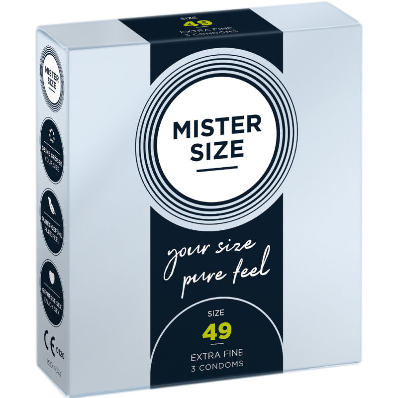MR SIZE Kondomit Mister Size 49, pussin kuva, tiiviisti pakattu ja valmistettu lateksista.