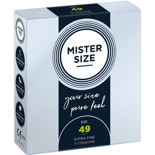 MR SIZE Kondomit Mister Size 49, pussin kuva, tiiviisti pakattu ja valmistettu lateksista.