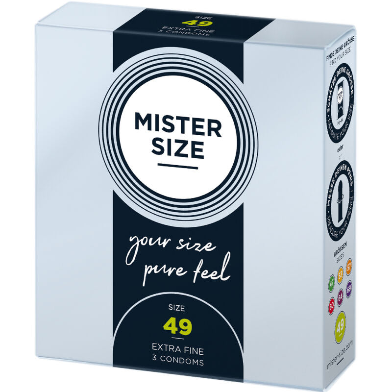 MR SIZE MISTER SIZE 49 kondomi, neutraali pakkaus, kondomilajitelma, näkyvissä pakkaus ja kondomien muoto.