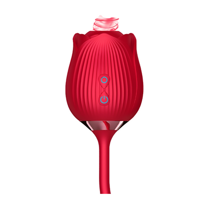 Pleasurez VIBRAATTORI RUUSU DUO, a rose-shaped women’s vibrator, with dual vibrating tips for intimate pleasure.