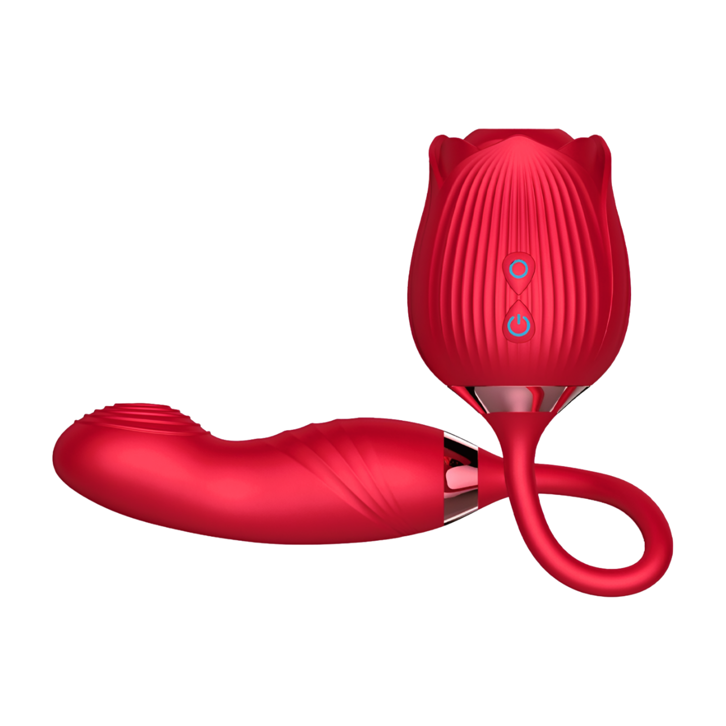 Pink rose-shaped dual vibrator for women from PLEASUREZ, featuring discreet, ergonomic design for intimate pleasure.